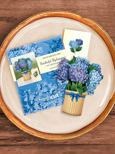 Nantucket Hydrangeas Mini Pop Up Flower Bouquet Greeting Card    