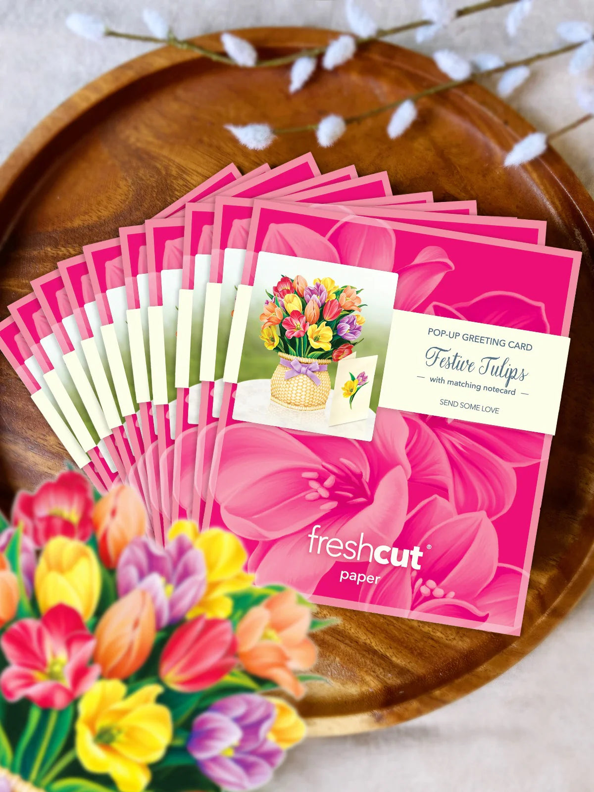 Festive Tulips Mini Pop Up Flower Bouquet Greeting Card    