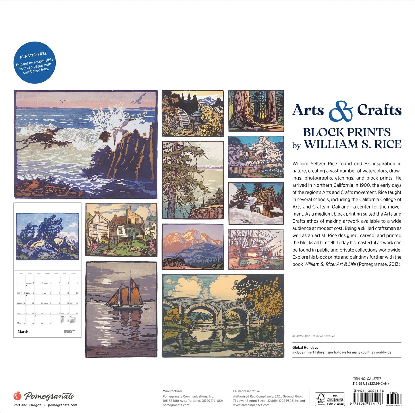 POM Arts & Crafts Block Prints by William S. Rice 2027 Wall Calendar