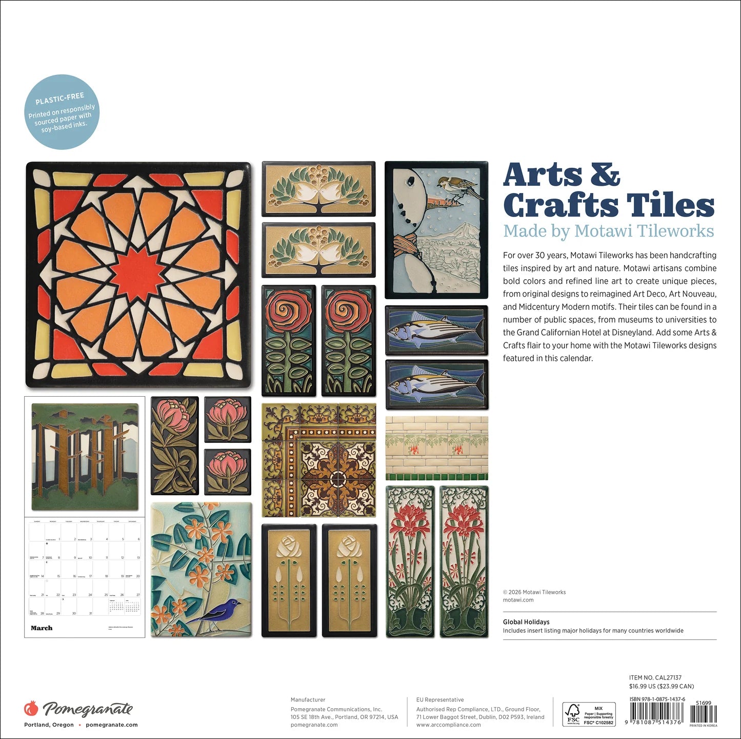 POM Arts & Crafts Tiles: Made by Motawi Tileworks 2027 Wall Calendar