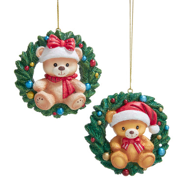 Teddy Bear In Wreath Ornament (Single) - Random Style