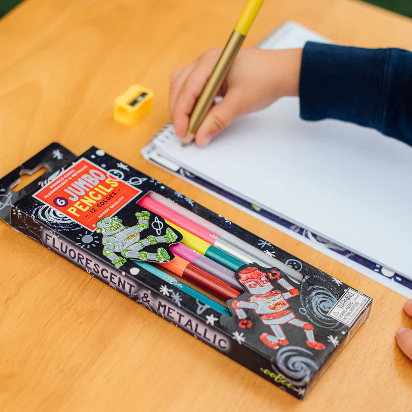 Silver Robots 6 Jumbo Pencils - Double Sided Fluorescent & Metallic