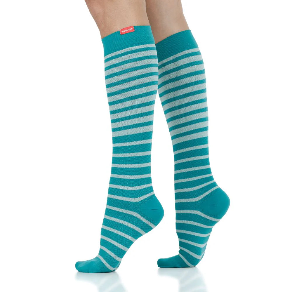 VIM & VIGR Turquoise and Teal Falling Stripe Nylon Compression Socks - 15-20 mmHg