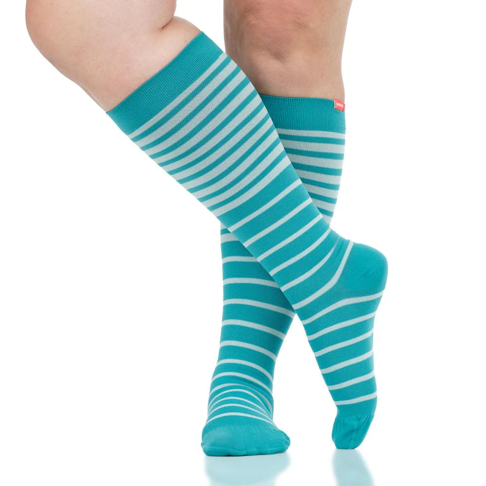 VIM & VIGR Turquoise and Teal Falling Stripe Nylon Compression Socks - 15-20 mmHg