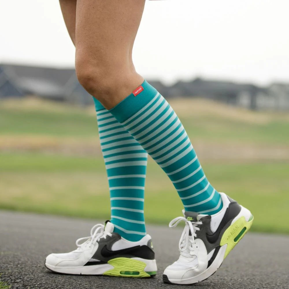 VIM & VIGR Turquoise and Teal Falling Stripe Nylon Compression Socks - 15-20 mmHg