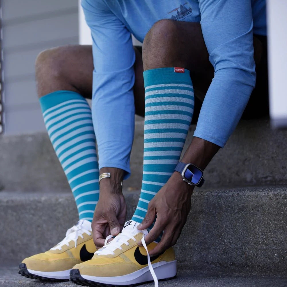 VIM & VIGR Turquoise and Teal Falling Stripe Nylon Compression Socks - 15-20 mmHg