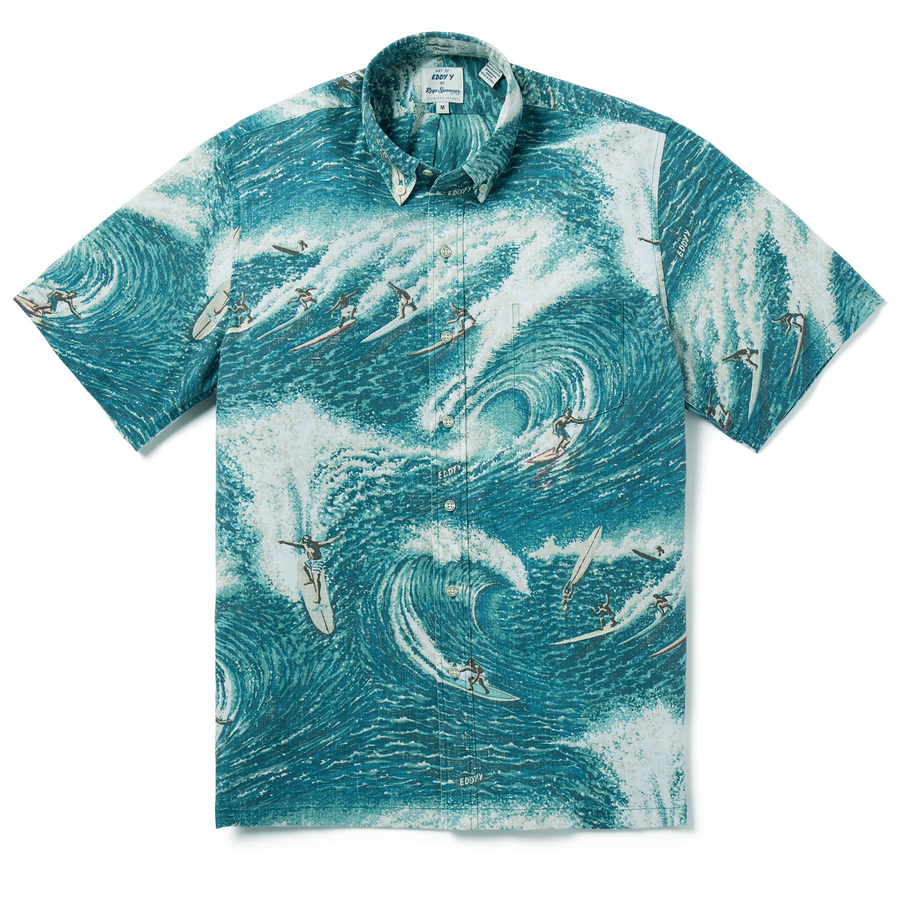 Reyn Spooner Big Wave Camp Shirt Aqua Surf M  805766255912