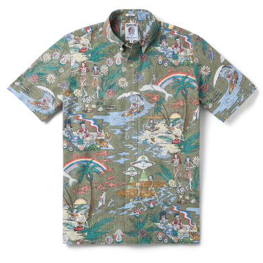 Reyn Spooner Grateful Dead "FAR OUT" Button Front Short Sleeve Camp Shirt Dusty Olive S 805766445887