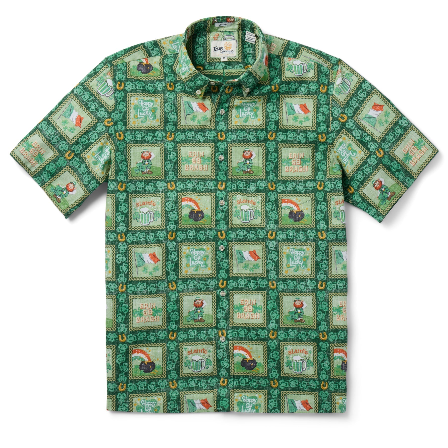 Reyn Spooner St Patricks Day Button Front Short Sleeve Camp Short Green Clover S 805766469425