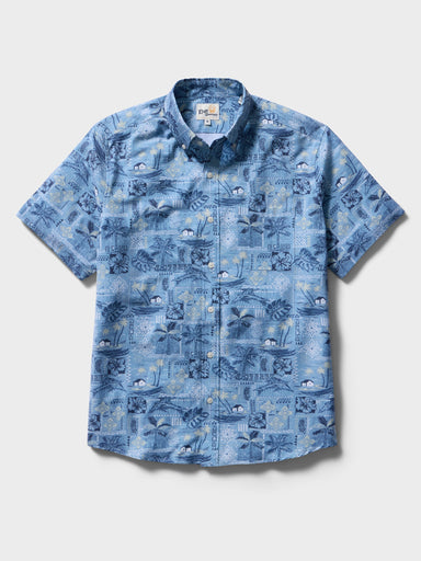 Reyn Spooner Tapa Montage Performance Button Front Short Sleeve Camp Shirt Blue M 805766551397