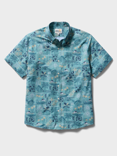 Reyn Spooner Tapa Montage Performance Button Front Short Sleeve Camp Shirt Green M 805766551489