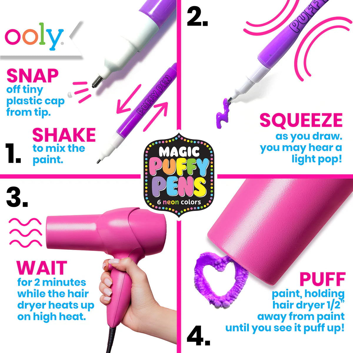 ooly Magic Puffy Pens - 6 Neon Colors