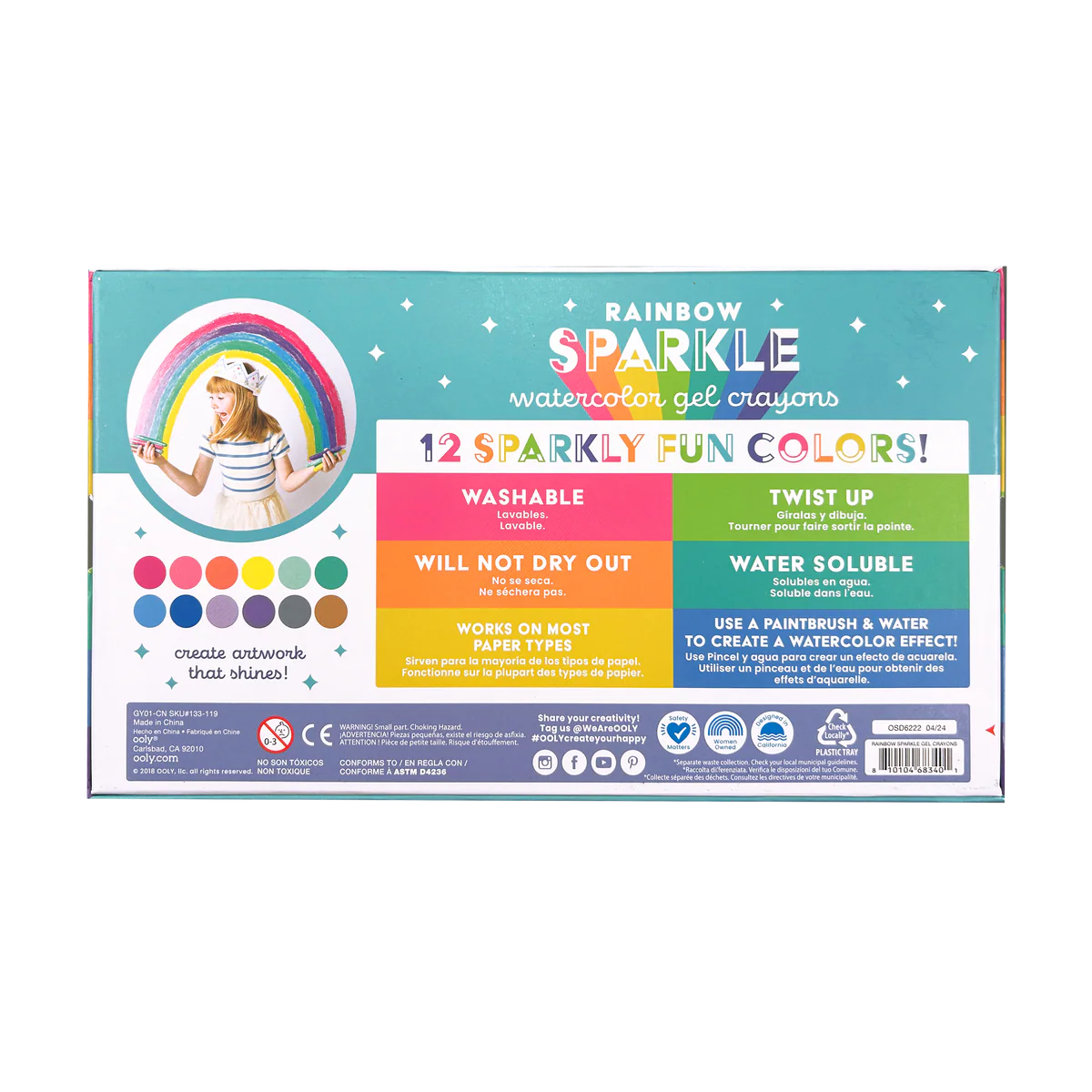 ooly Rainbow Sparkle Metallic Watercolor Gel Crayons - Set of 12