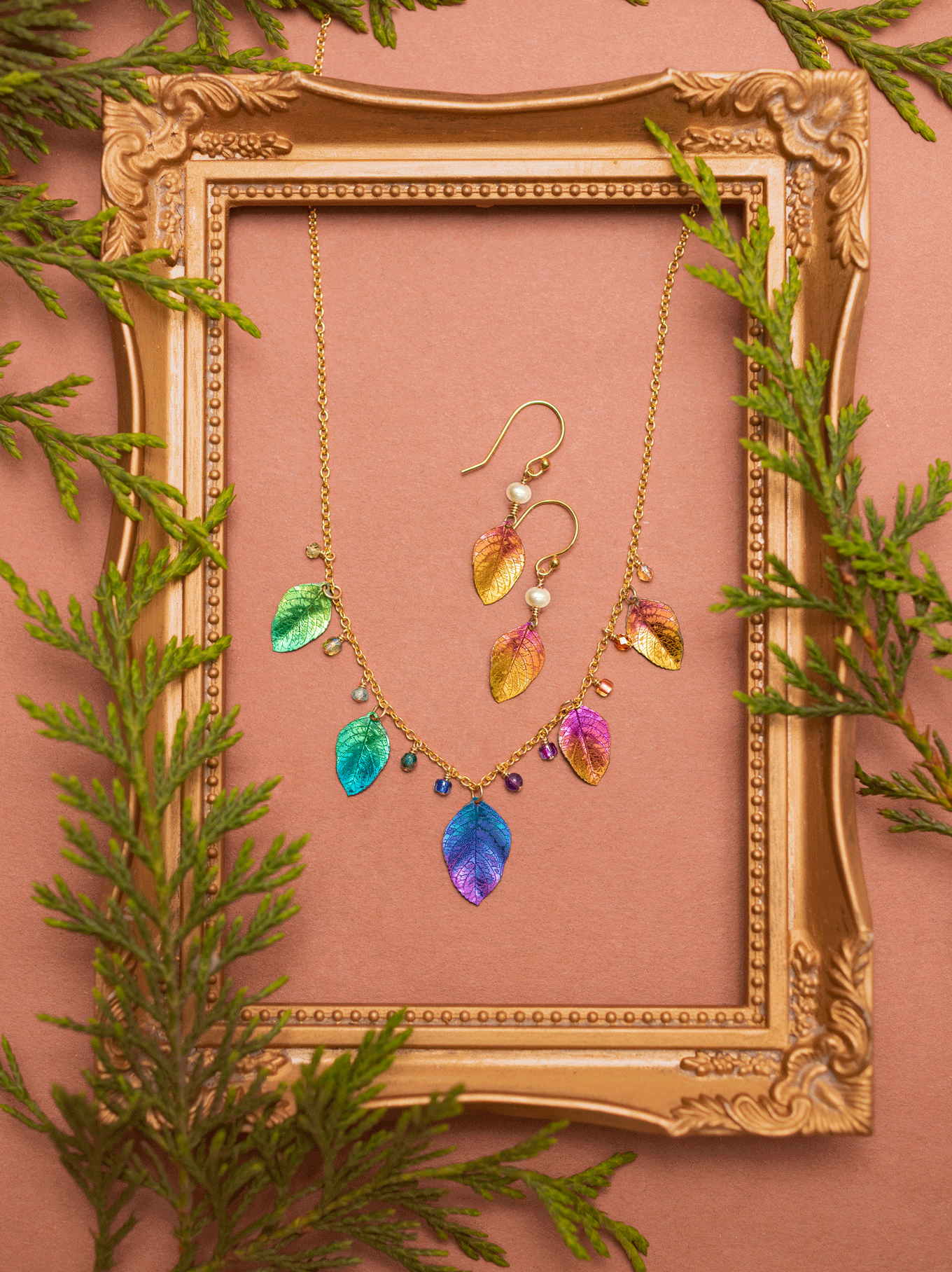 Holly Yashi Healing Elm Leaf Necklace - Rainbow    