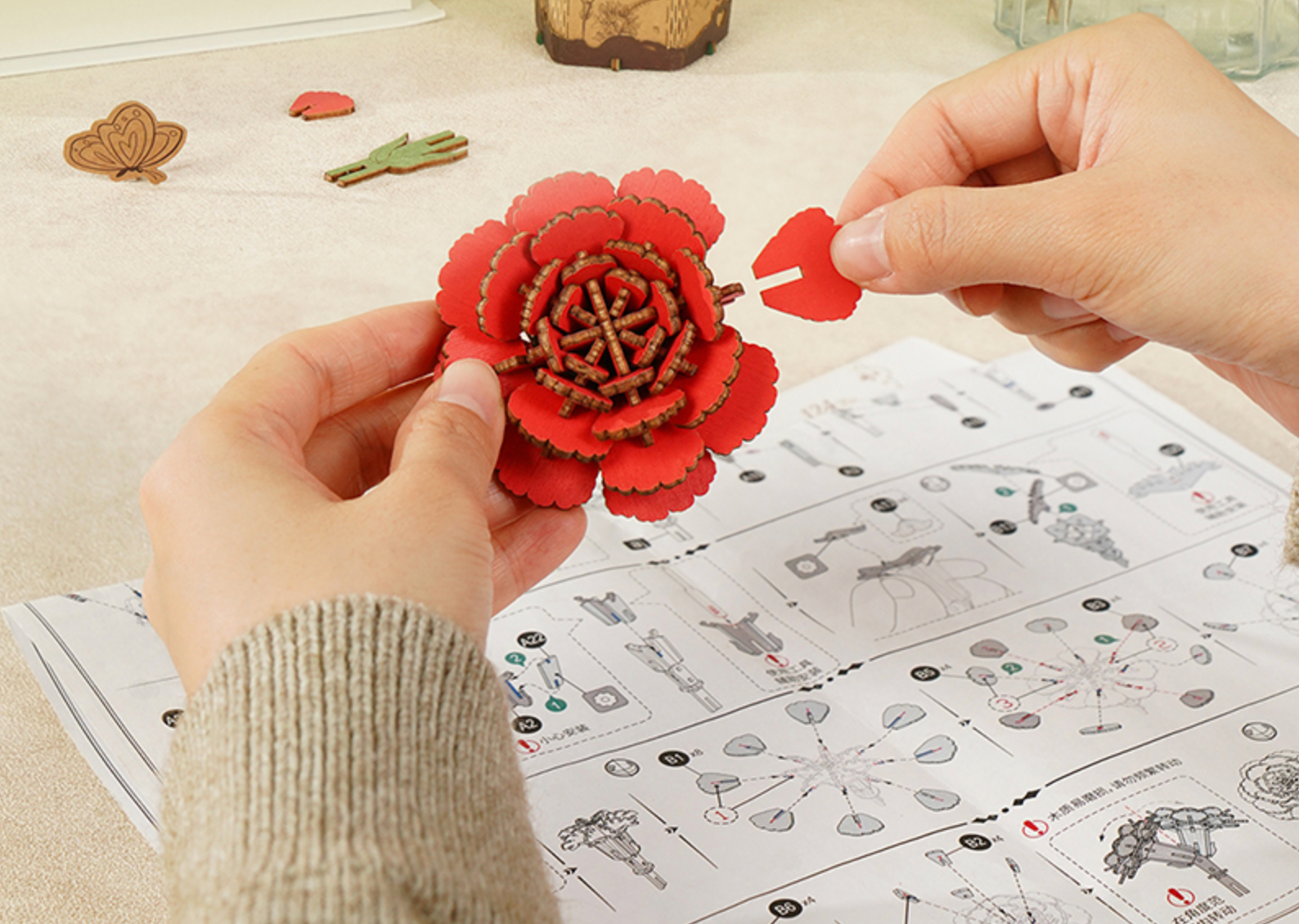 Robotime Red Carnation Wooden Flower