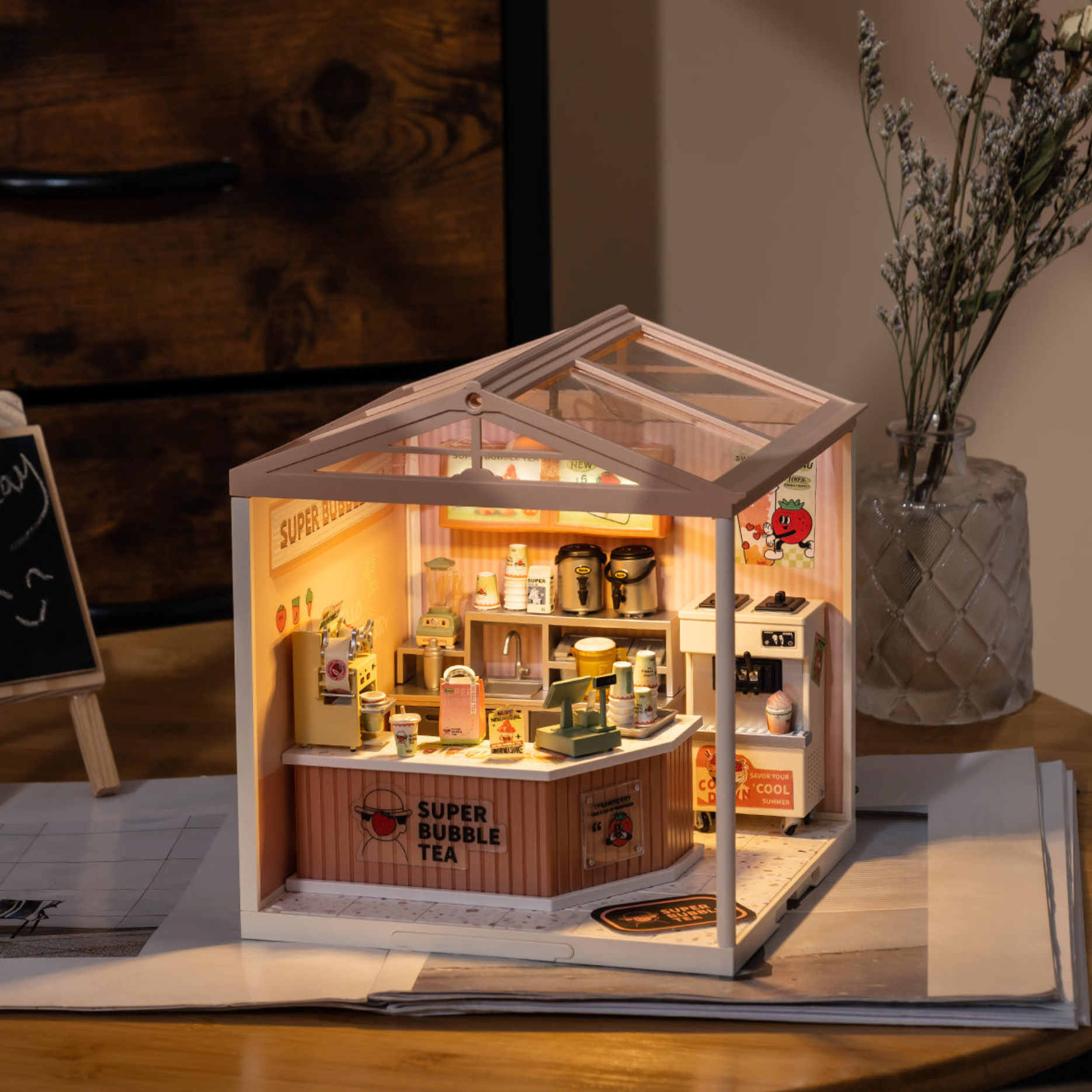 ROBOTIME Super Creator Double Joy Bubble Tea DIY Miniature House Kit - Super Creator