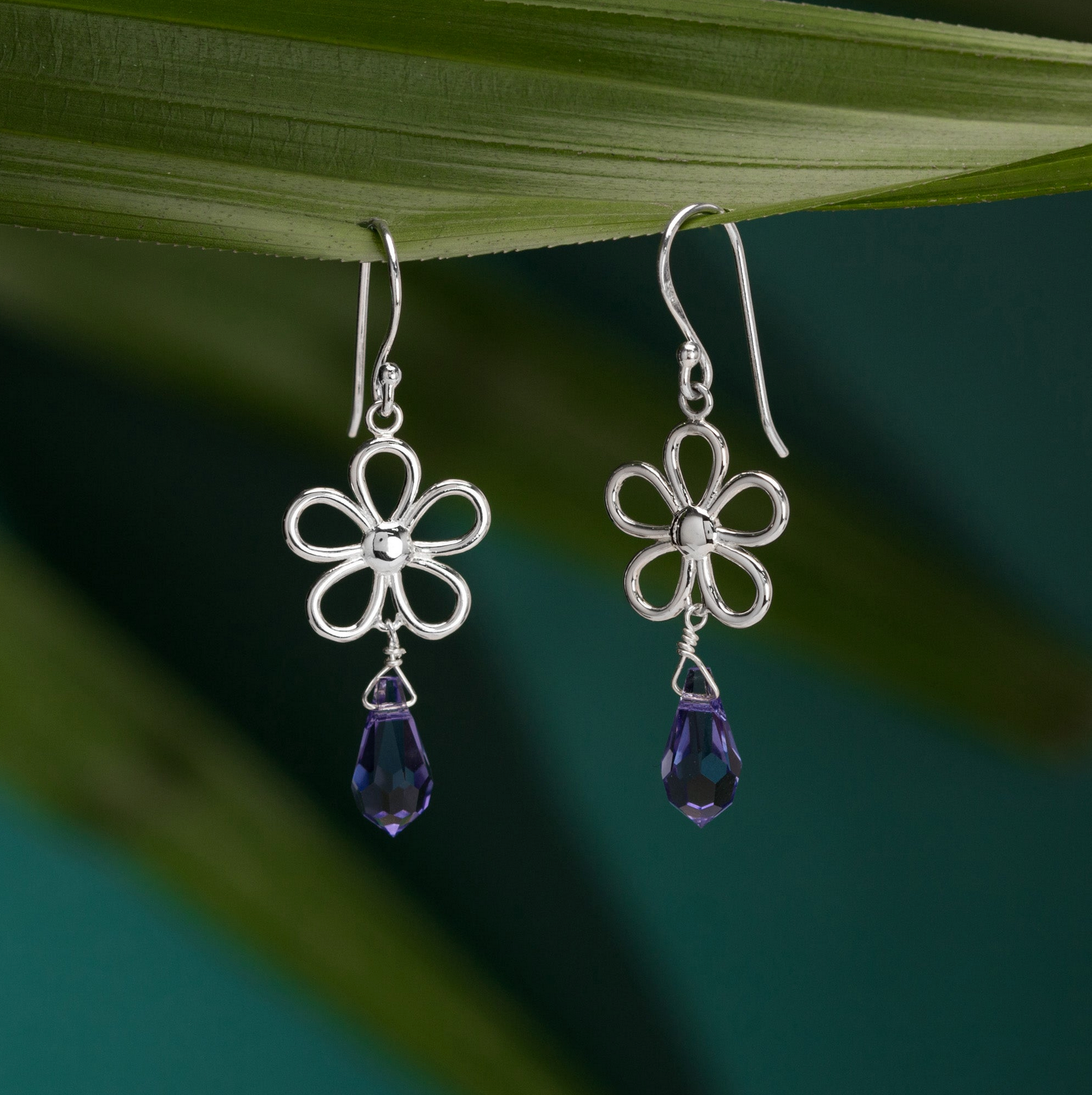 Boma Outline Daisy Earrings with Lavender Cubic Zirconia Drop