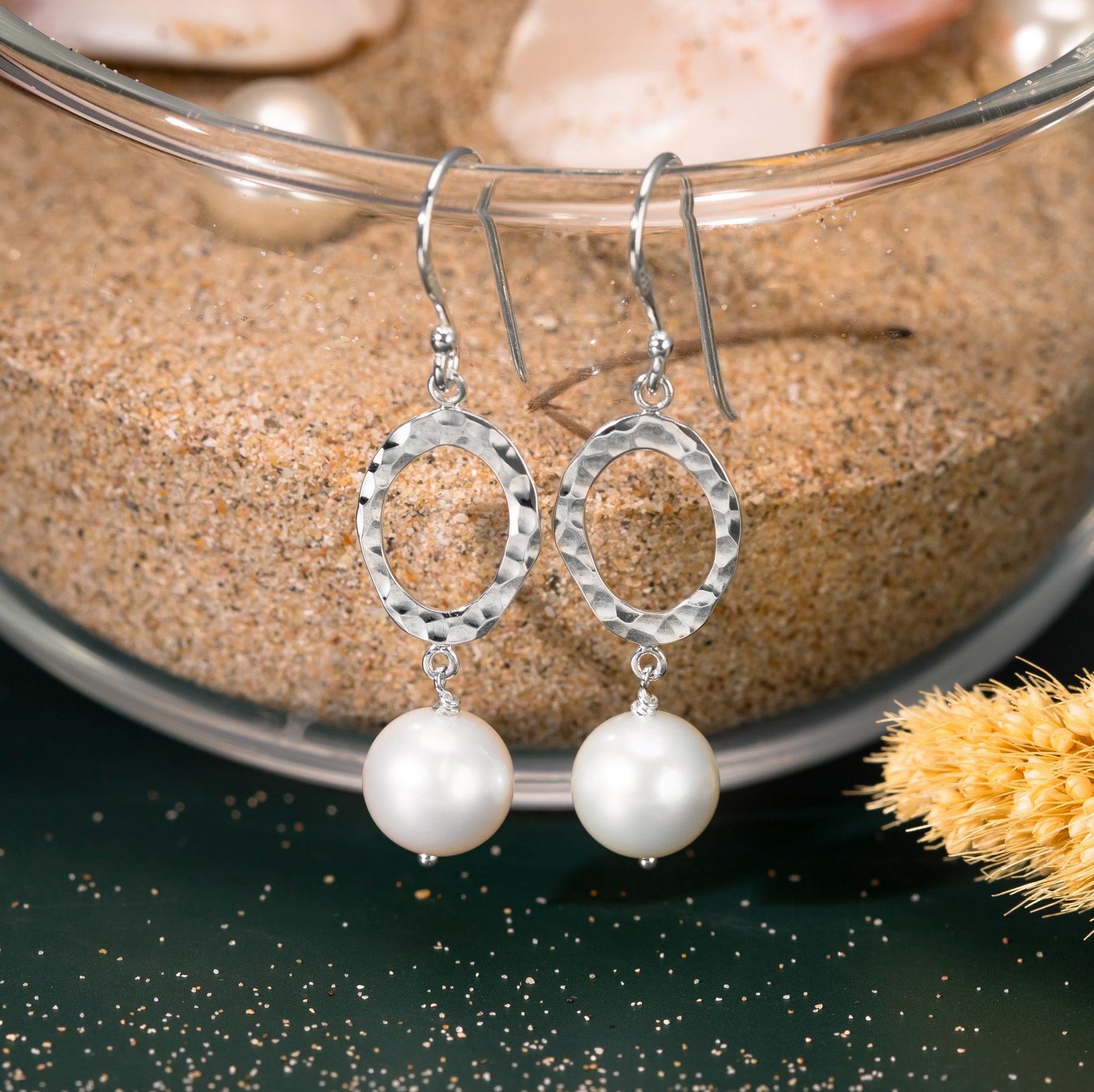 Boma Hammered Oval Earrings with Pearl Drop