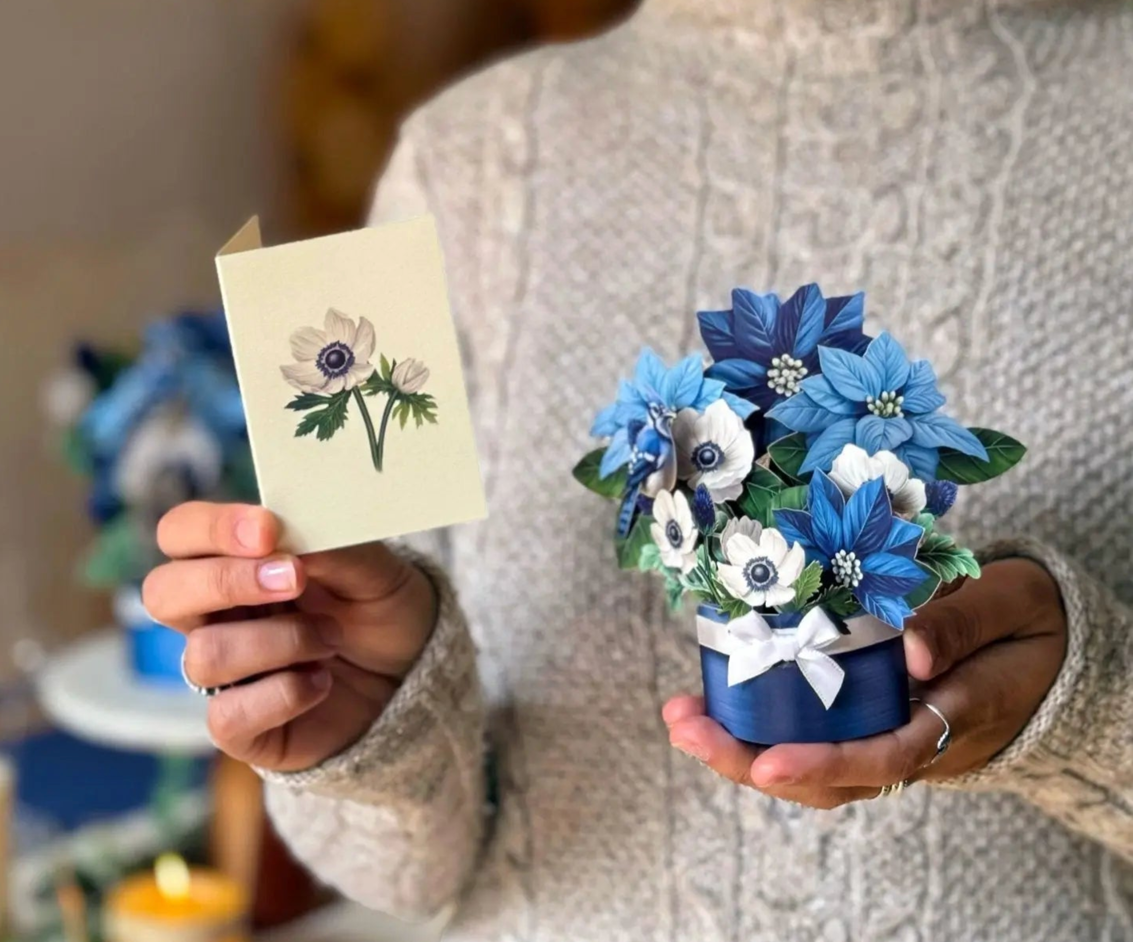 Blue Poinsettia Mini Pop Up Greeting Card