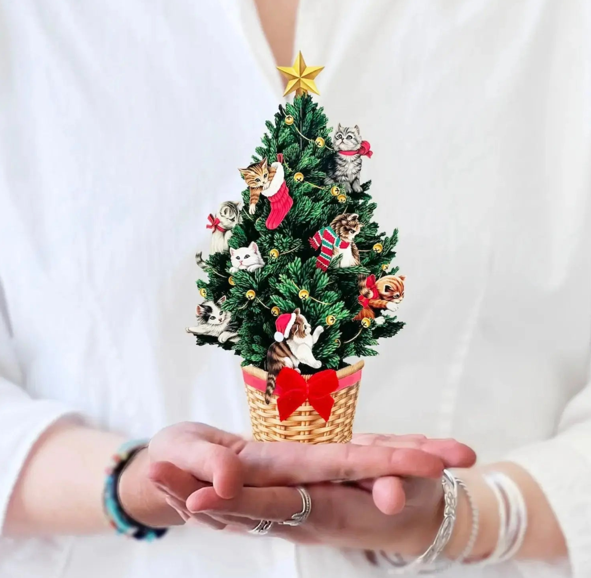 Meowy Christmas Tree Mini Pop Up Greeting Card