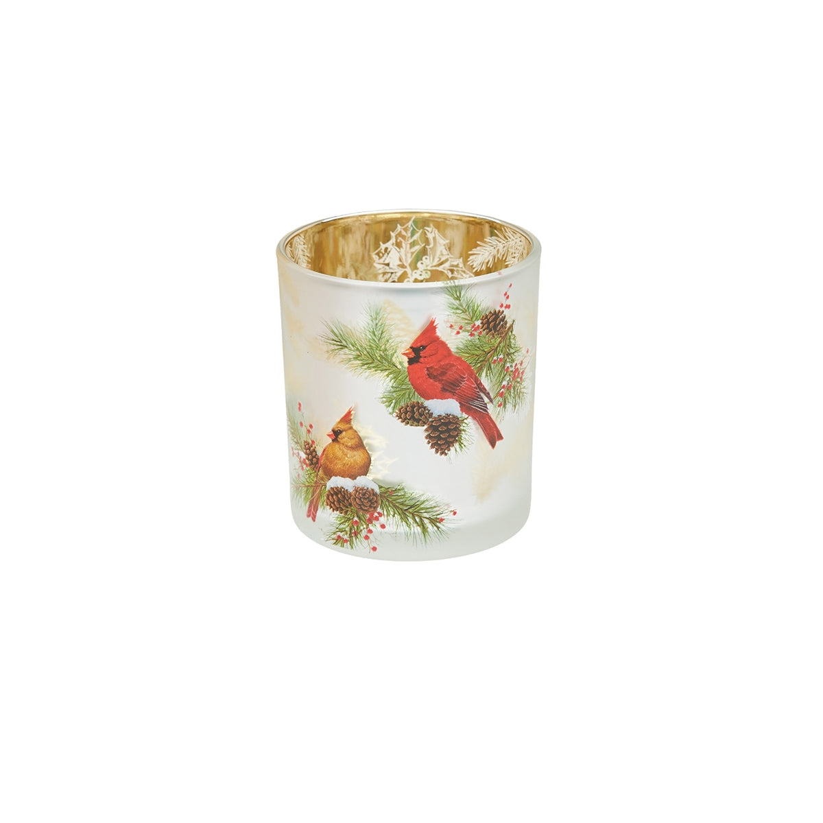 Cardinal and Pine Glass Votive Holder    