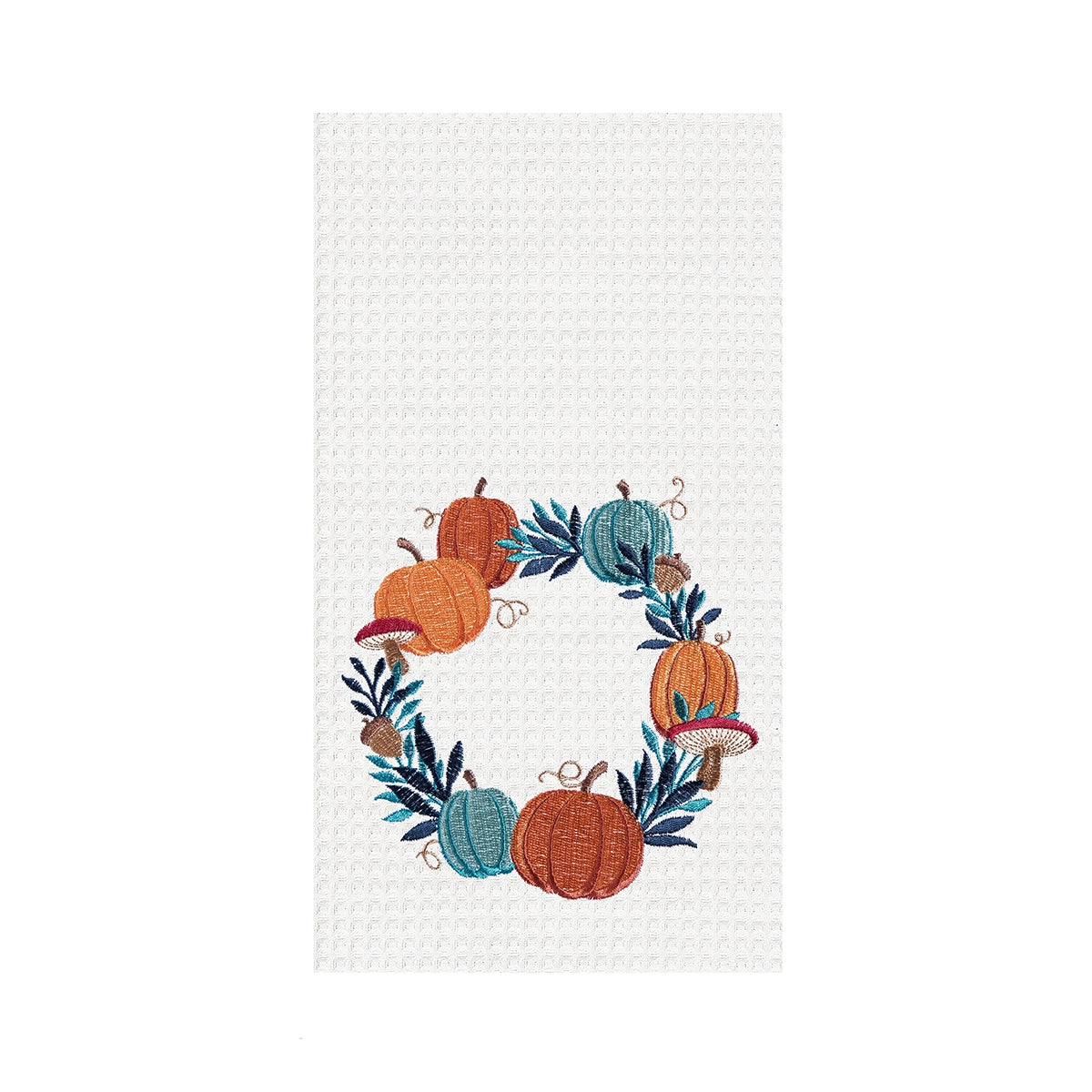Mushroom and Pumpkin Wreath Embroidered Waffle Weave Kitchen Towel    