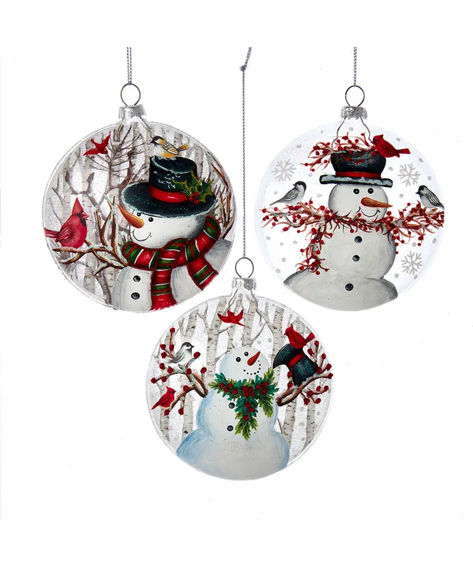 Glass Disk with Snowman and Bird Ornament (Single) - Random Style