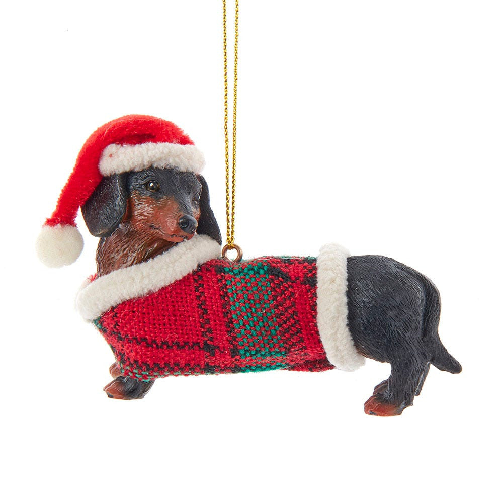 Black and Tan Dachshund With Plaid Coat and Santa Hat Ornament