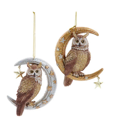 Owl On Gold or Silver Moon Ornament (Single) - Random Color