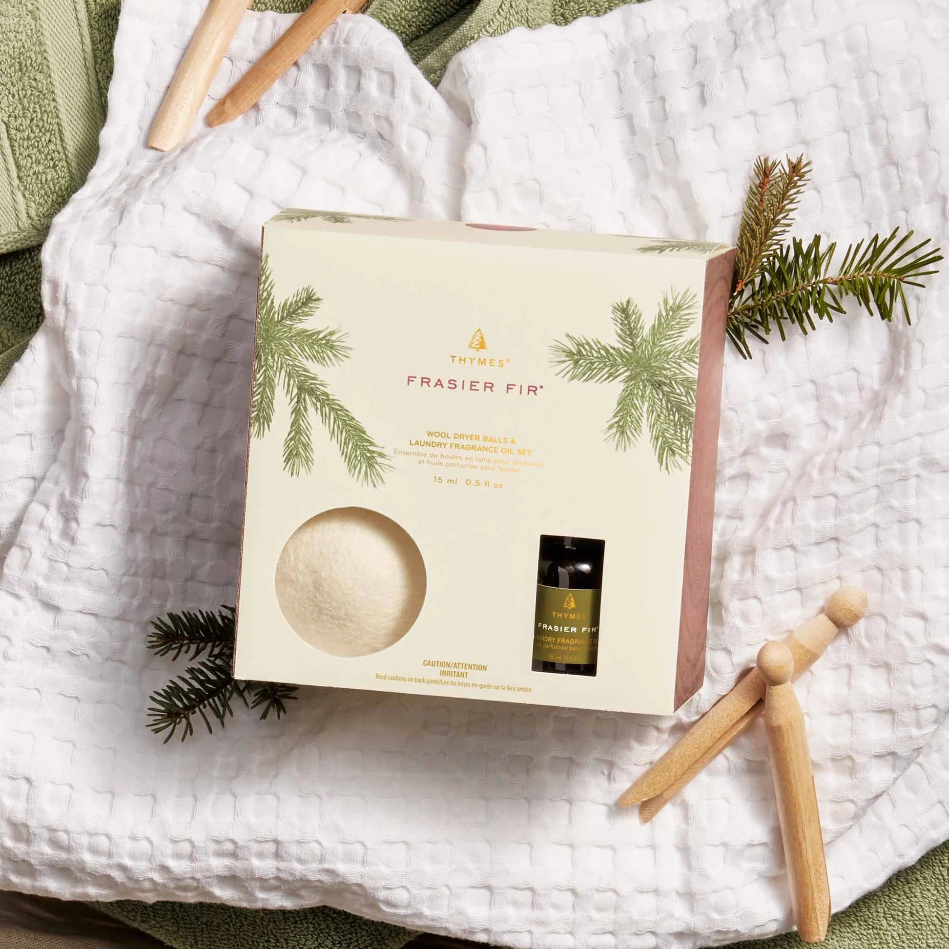 Thymes Frasier Fir Wool Dryer Balls & Laundry Fragrance Oil Set