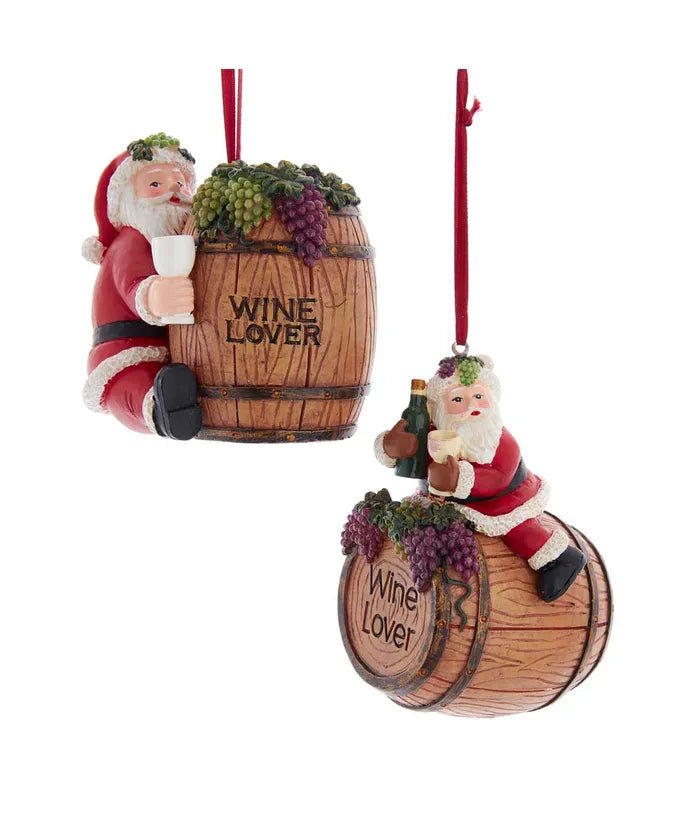Wine Lover Santa With Wine Barrel Ornament (Single) - Random Style