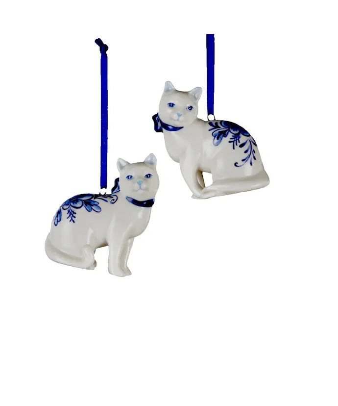 Porcelain Delft Blue Cat Ornament (Single) - Random Style