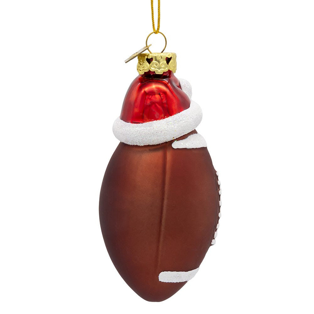 Glass Football With Santa Hat Ornament