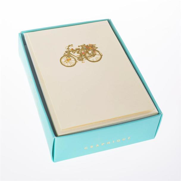 Boxed Note Card - Gold Bike With Flowers    