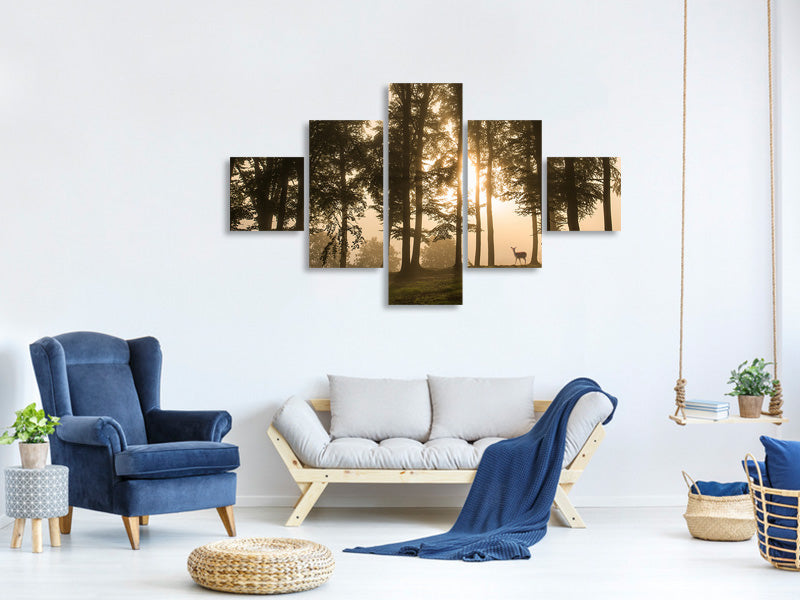 5-piece-canvas-print-deer-in-the-morning-mist