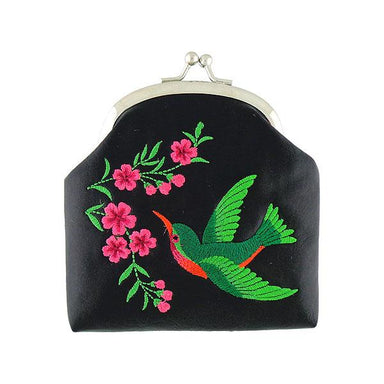 Lavishy Embroidered Hummingbird & Flower - Vegan Coin Purse Black 3272126.2