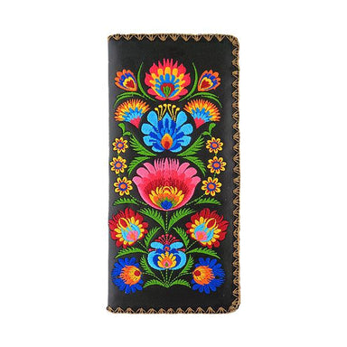 Lavishy Embroidered Polish Style Flora - Large Flat Vegan Wallet Black 3272122.4
