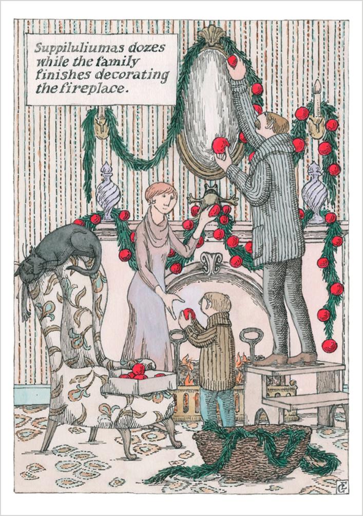Edward Gorey Decorating The Fireplace - Boxed Christmas Cards    