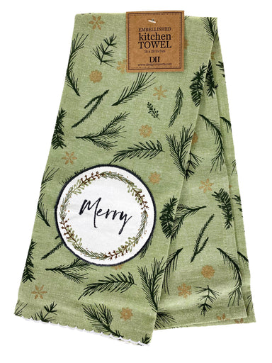 Merry Little Wreath Applique Dishtowel    