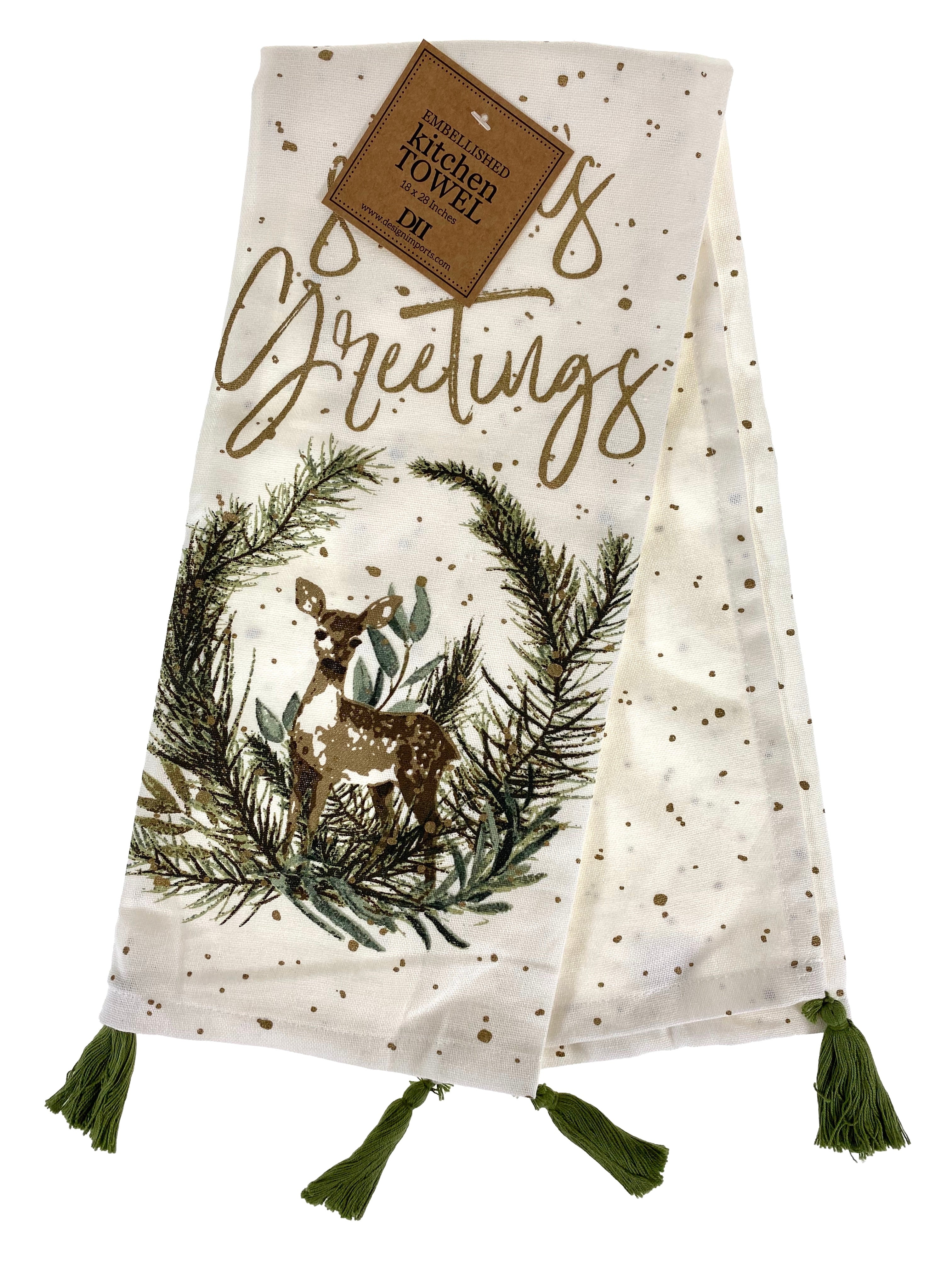 Seasons Greeting Deer Dishtowel With Tassels    