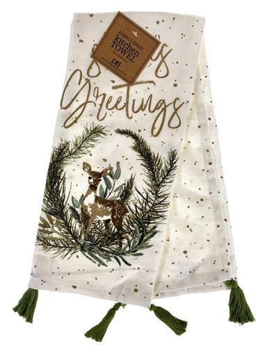 Seasons Greeting Deer Dishtowel With Tassels    
