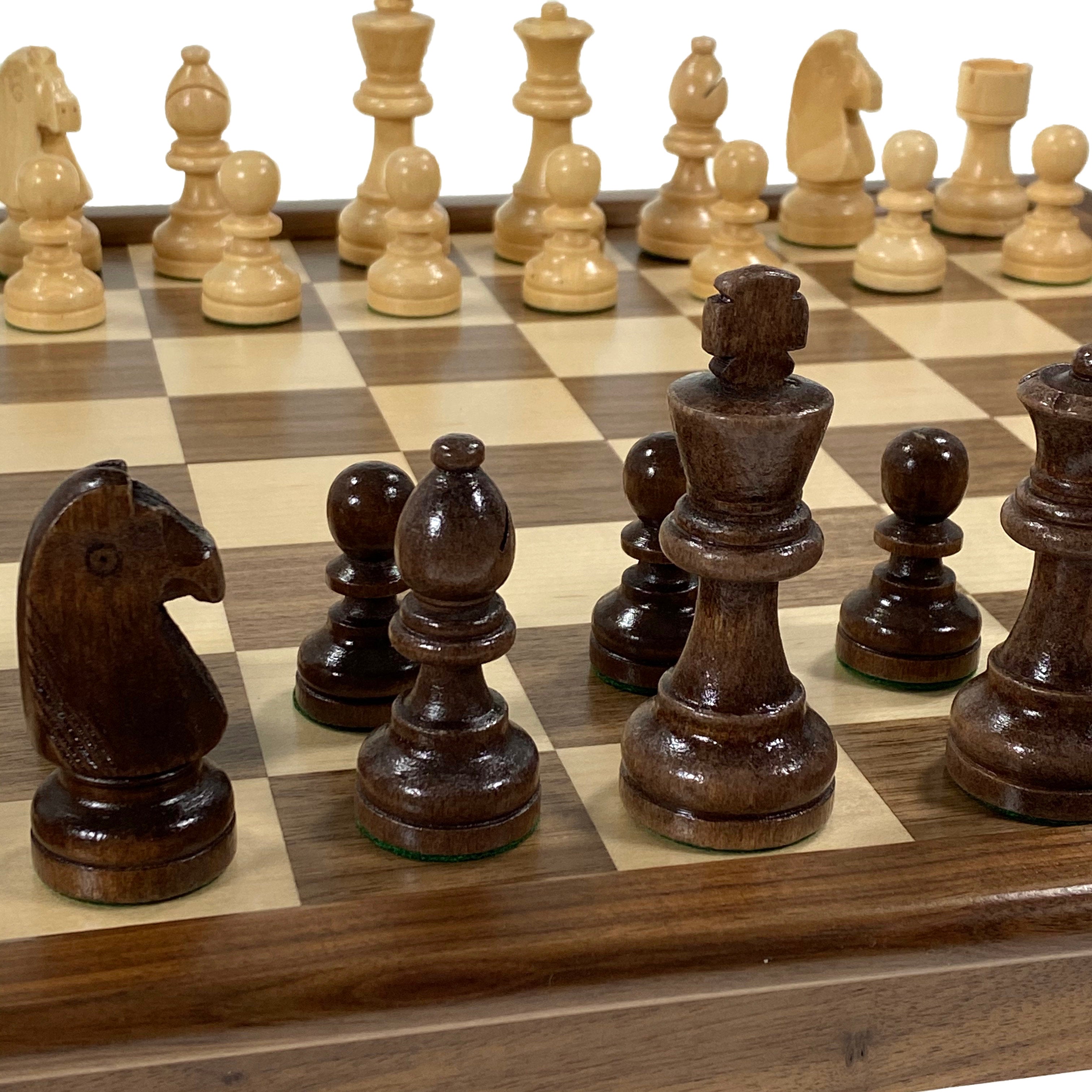 Inlaid Walnut Tournament Chessboard With Weighted Pieces - 3.5" King    