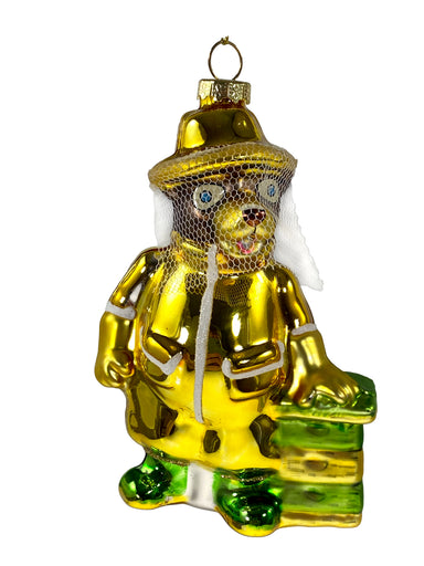 Bee Keeper Bear Glass Ornament    