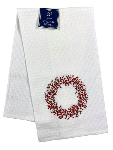 Red Berry Wreath - Waffle Weave Kitchen Towel    