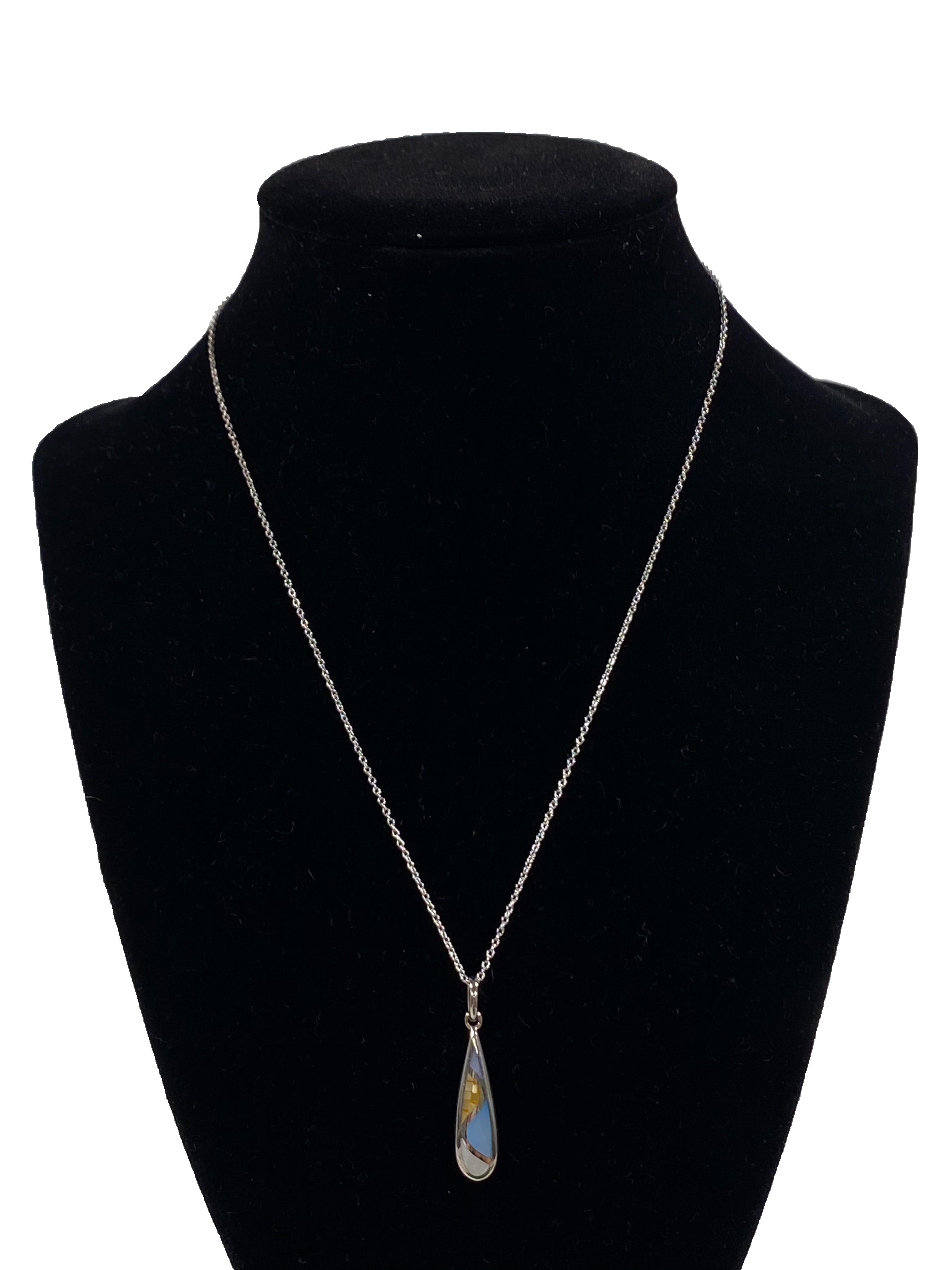 Boma Sterling Silver Necklace Long Tear Blue Mother Of Pearl Mosaic    