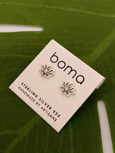 Boma Sterling Silver Post Earrings - Lotus Flower With Mother of Pearl    