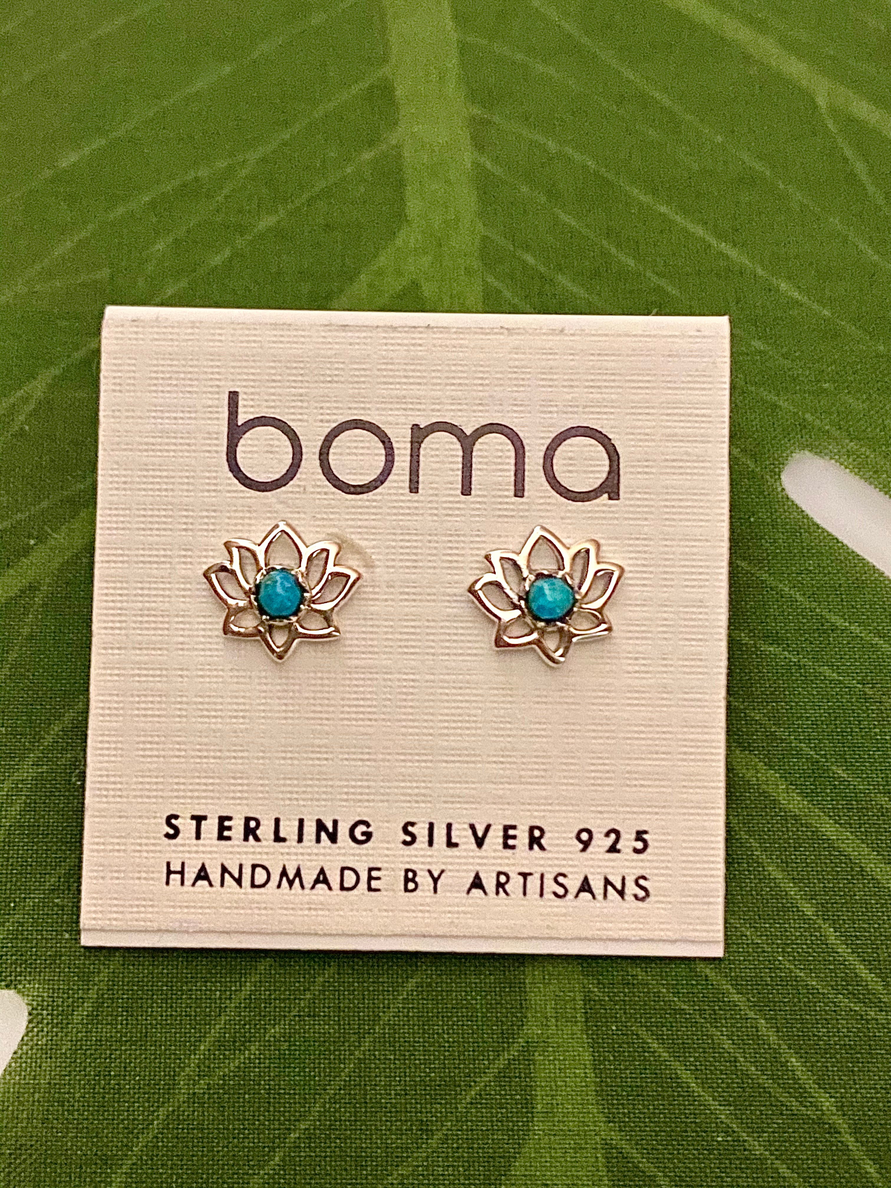Boma Sterling Silver Post Earrings - Lotus Flower With Turquoise    