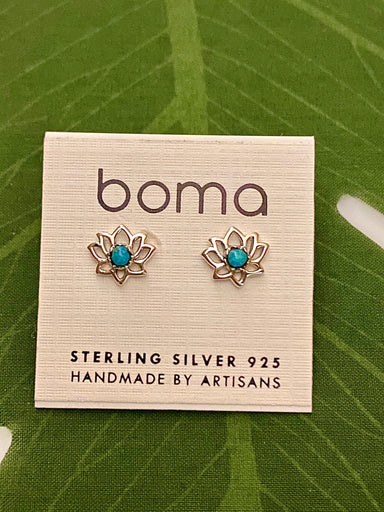 Boma Sterling Silver Post Earrings - Lotus Flower With Turquoise    