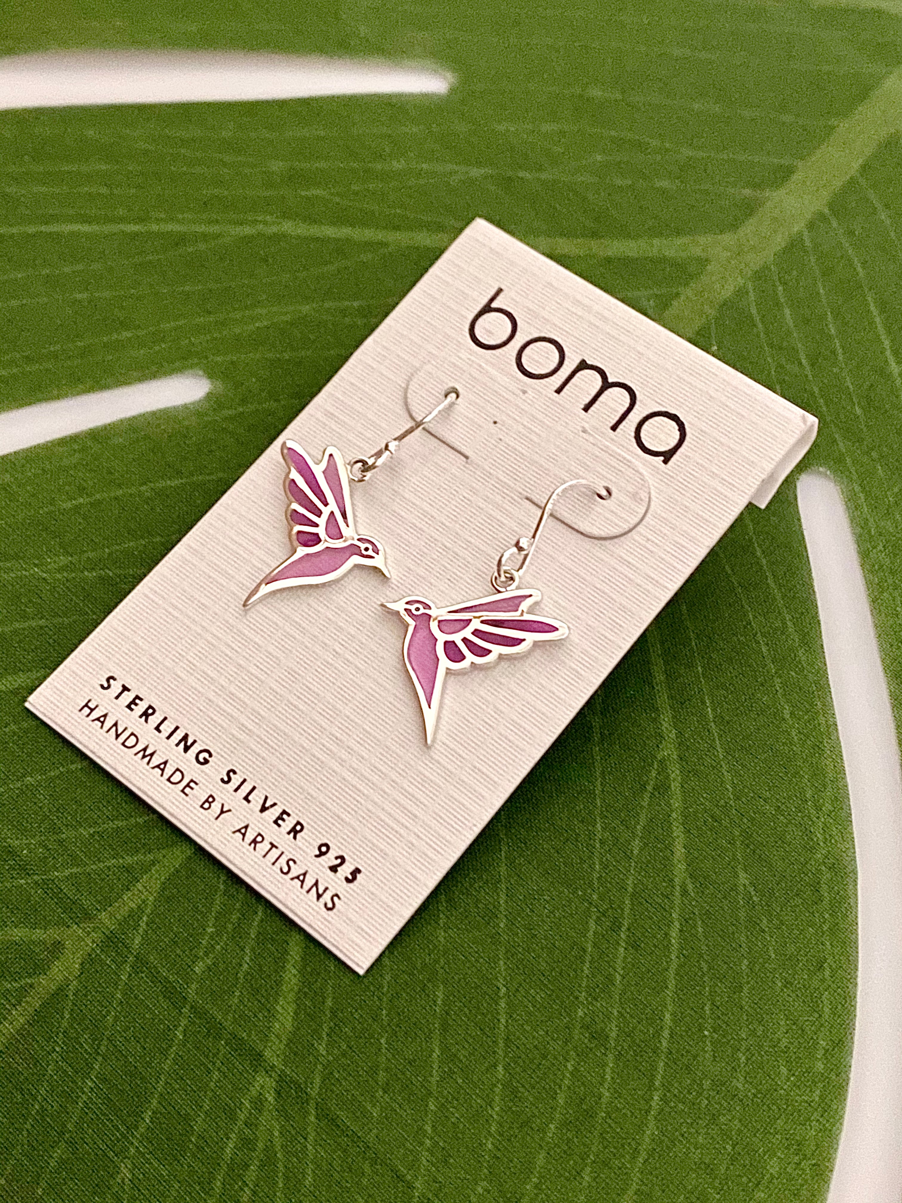 Boma Sterling Silver Earrings - Translucent Purple Hummingbirds    