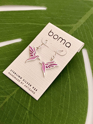 Boma Sterling Silver Earrings - Translucent Purple Hummingbirds    